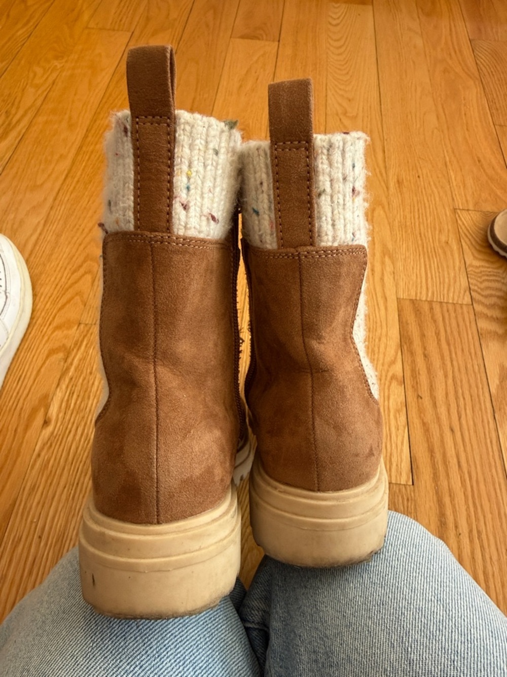 Tan Suede Booties with Speckled Knit Cuffs - Picture 3 of 4